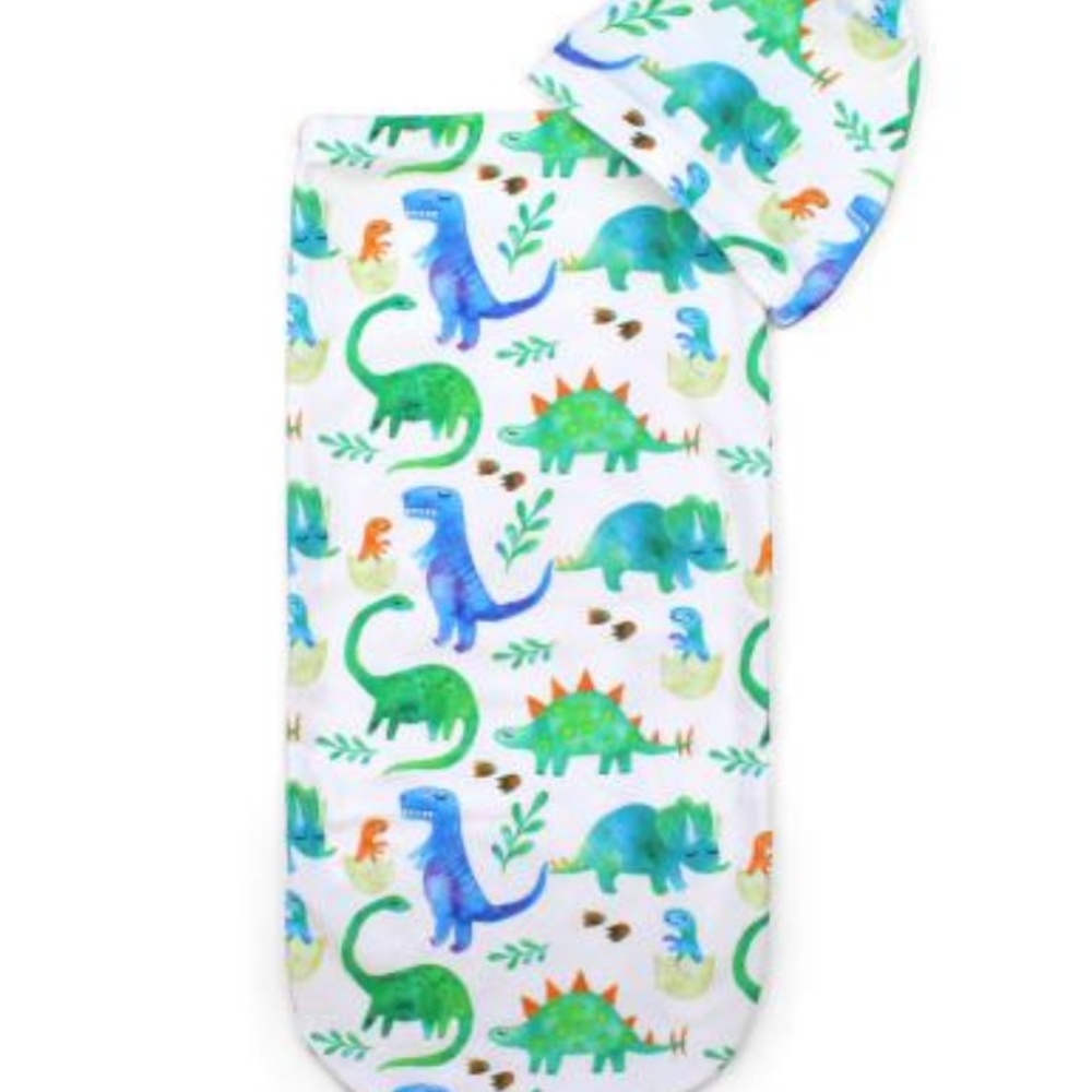Baby Itzy Ritzy White Green Blue Dinosaur Cocoon Swaddle & Hat Set 0-3m